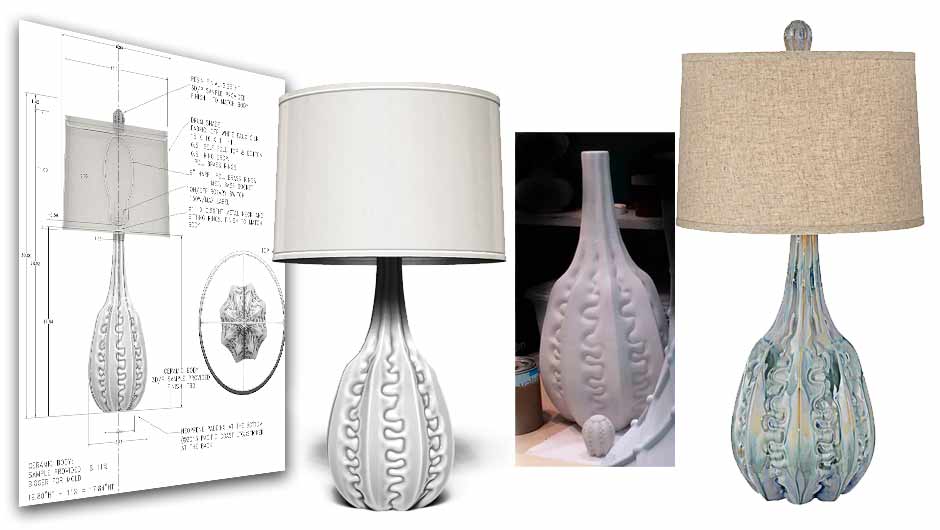 Digital sculpting via ZBrush, Auto Cad Drawing, 3D Printed Model, final product cast ceramic table lamp.