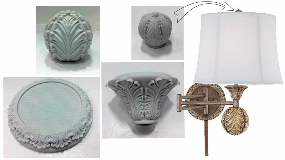 Digital sculpting via ZBrush, Auto Cad Drawing, 3D Printed Model, final product cast resin Wall lamp